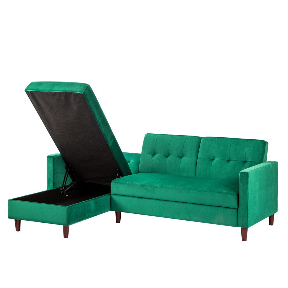 Destin Reversible Green Velvet Corner Sofa With Storage Chaise and Ott