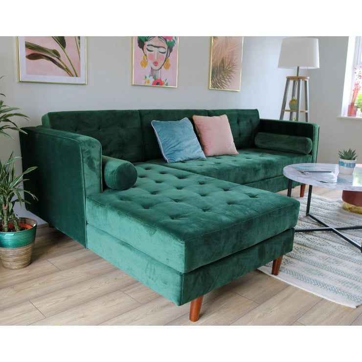 Avery Chaise End Velvet Corner Sofa In Green
