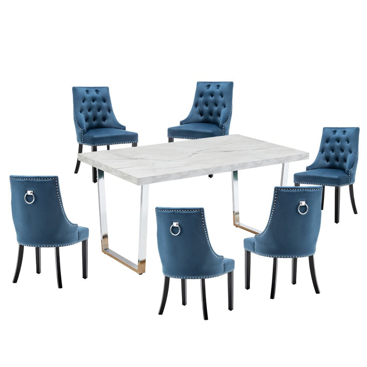 Etta Rectangle Dining Table Set with 6 Velvet Chairs