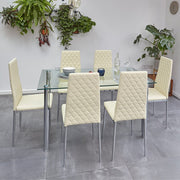 Orsa Dining Tempered Glass Table Set With 6 Chairs In Cream