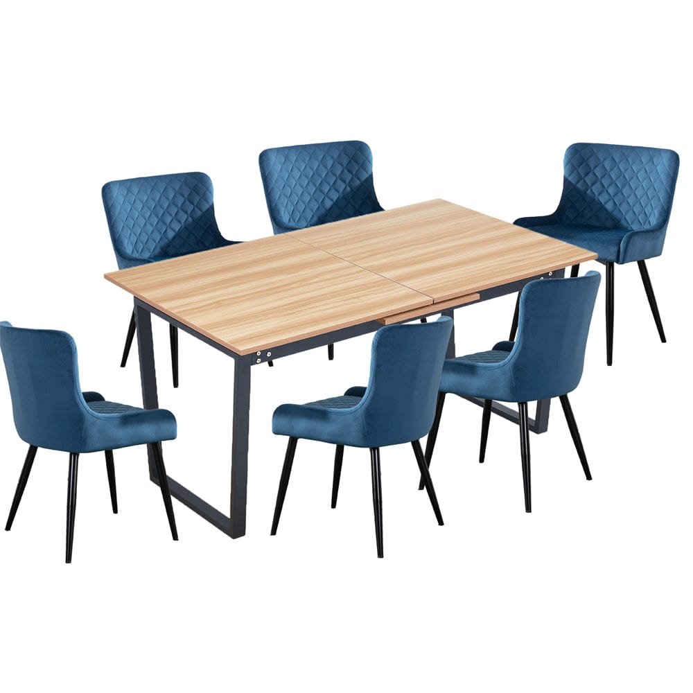 Belluno Light Oak Colour Extending Dining Table Set with 6 Velvet Chairs
