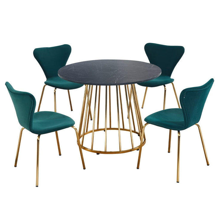 Etta Pedestal Dining Table Set with 4 Velvet Chairs