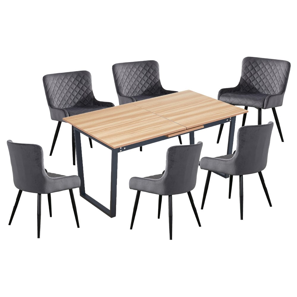 Belluno Light Oak Colour Extending Dining Table Set with 6 Velvet Chairs