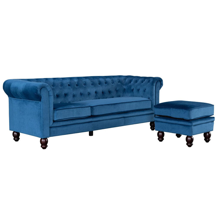 Chesterfield 3 Seater Velvet Sofa with Footstool