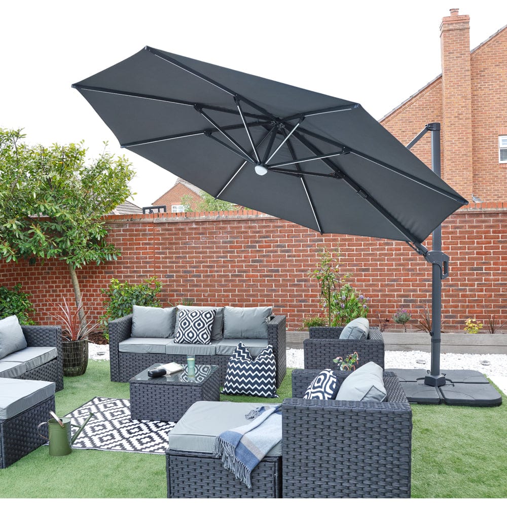 cantilever patio umbrella roma Roma 3.5M Cantilever Parasol with Solar LED lights – Furniture Maxi
