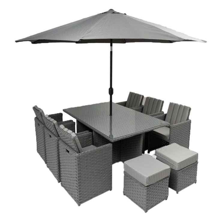 Rosen 10 Seater Rattan Cube Garden Dining Set With Parasol In Grey