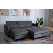 Destin Reversible Grey Velvet Corner Sofa With Storage Chaise and Ottoman Bench