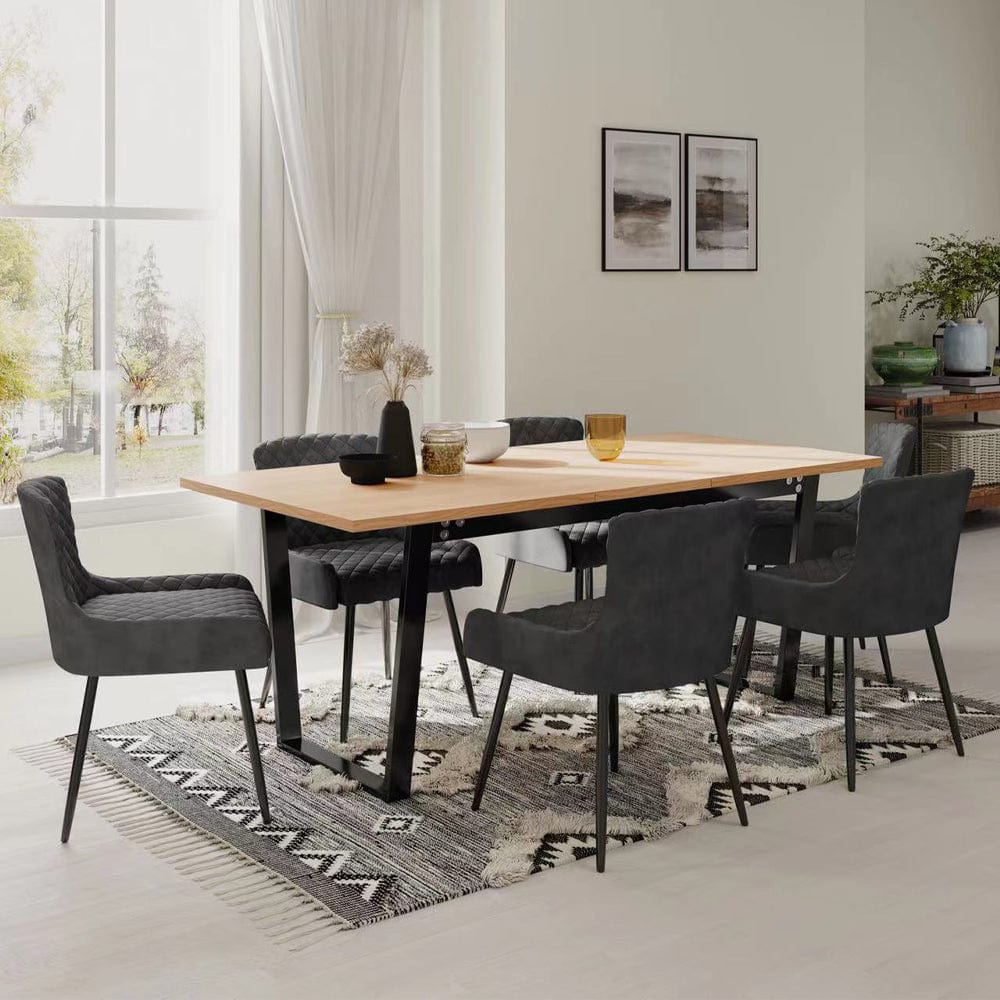 Belluno Light Oak Colour Extending Dining Table Set with 6 Velvet Chairs