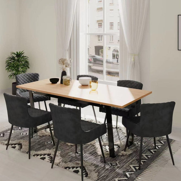 Belluno Light Oak Colour Extending Dining Table Set with 6 Velvet Chairs