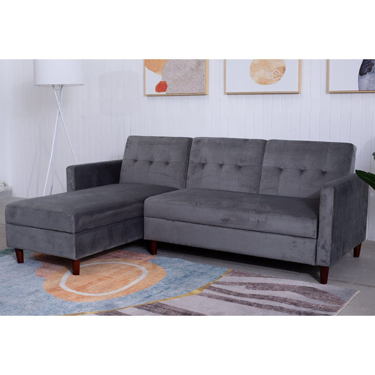 Destin Reversible Grey Velvet Corner Sofa With Storage Chaise and Ottoman Bench