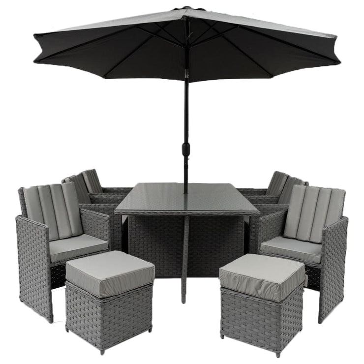 Rosen 10 Seater Rattan Cube Garden Dining Set With Parasol In Grey