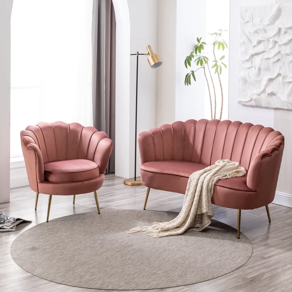 Mollis Plush Velvet Shell Chair & 3 Seater Sofa Set In Pink