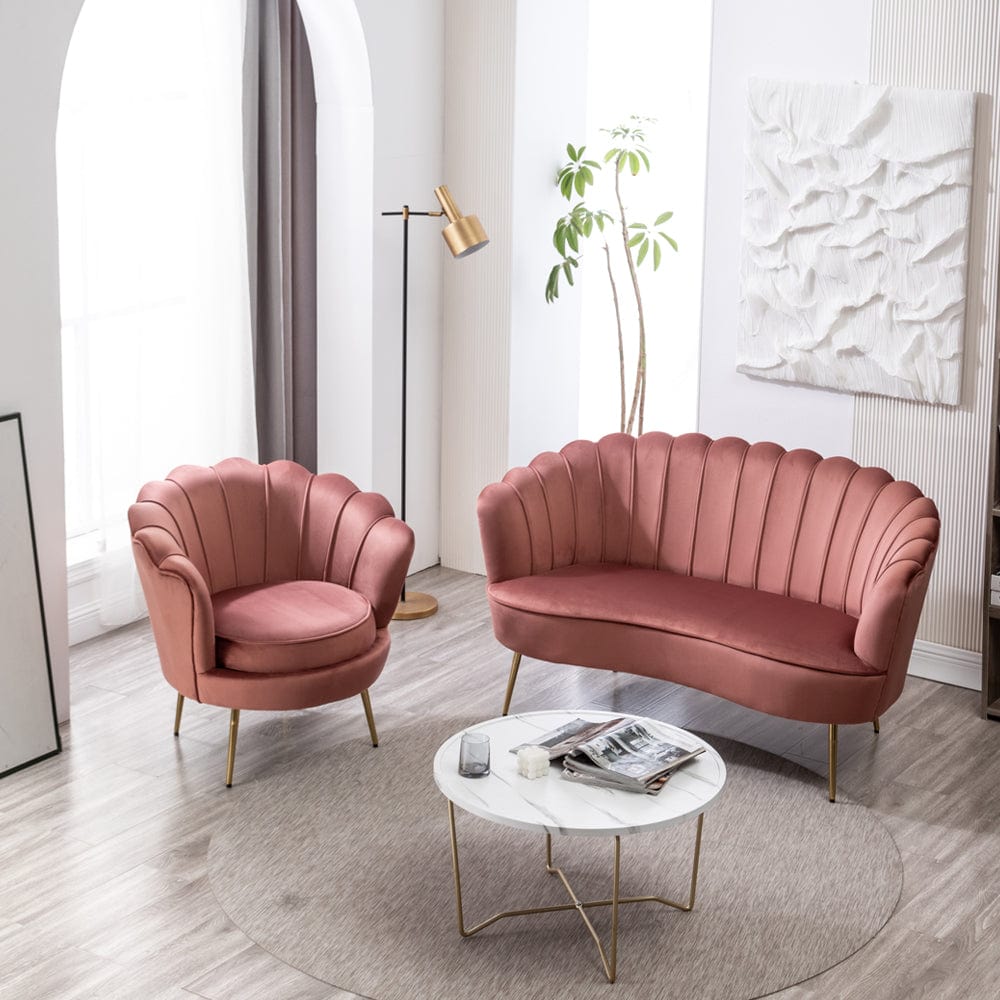 Mollis Plush Velvet Shell Chair & 3 Seater Sofa Set In Pink