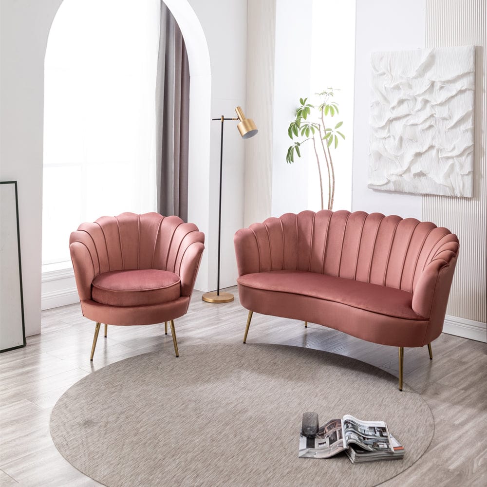 Mollis Plush Velvet Shell Chair & 3 Seater Sofa Set In Pink