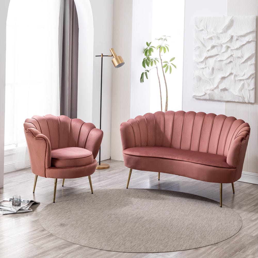Mollis Plush Velvet Shell Chair & 3 Seater Sofa Set In Pink