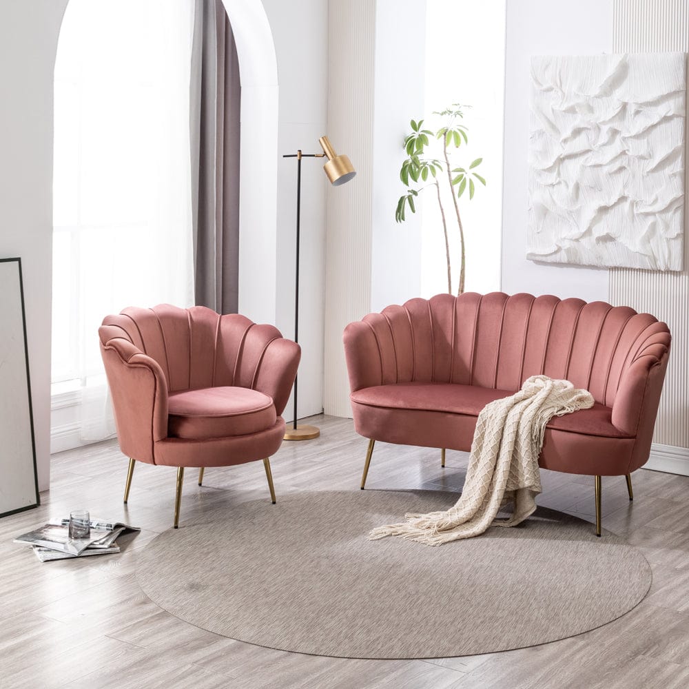 Mollis Plush Velvet Shell Chair & 3 Seater Sofa Set In Pink