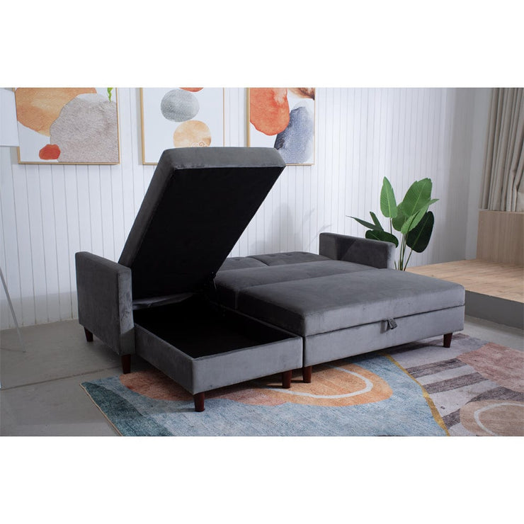 Destin Reversible Grey Velvet Corner Sofa With Storage Chaise and Ottoman Bench