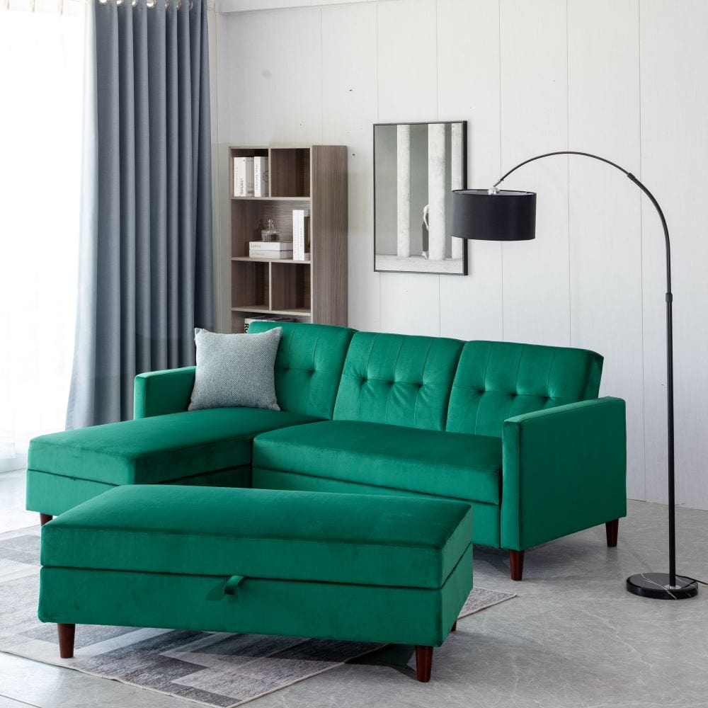 Destin Reversible Green Velvet Corner Sofa With Storage Chaise and Ott