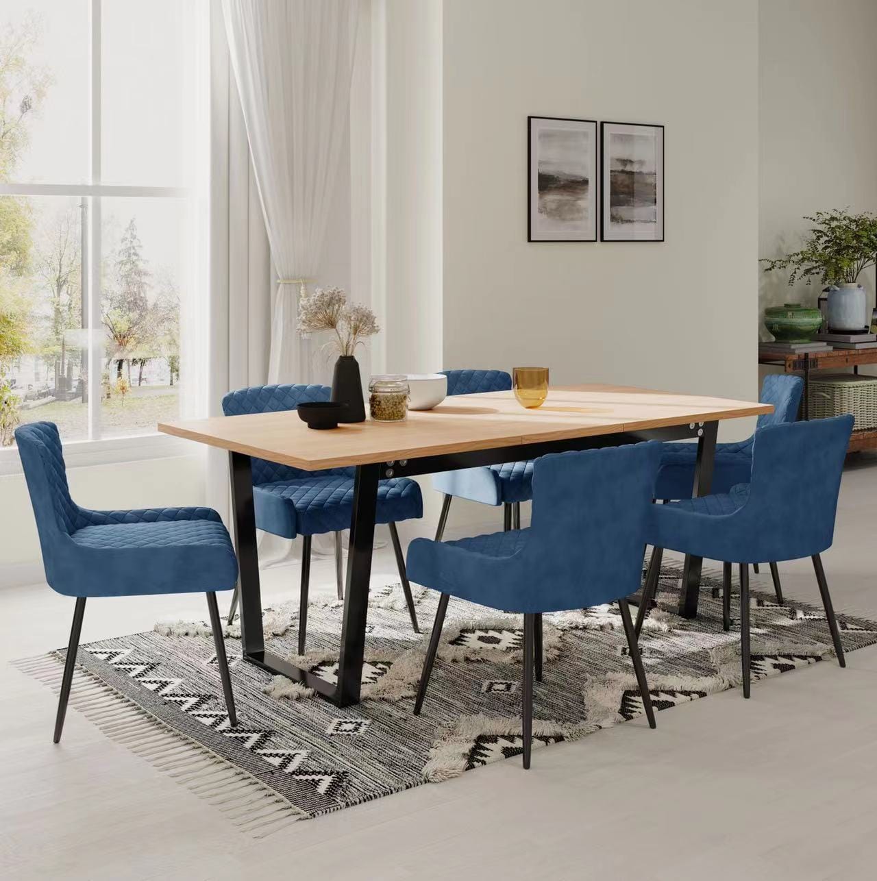Belluno Light Oak Colour Extending Dining Table Set with 6 Velvet Chairs