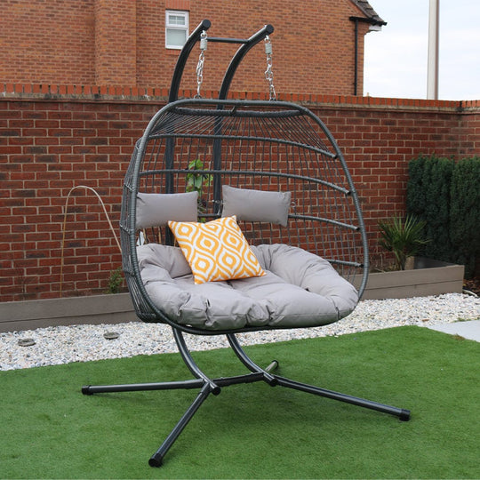 Bradway Hanging Rope Swing Double Indoor Outdoor Egg Chair with Grey Cushions