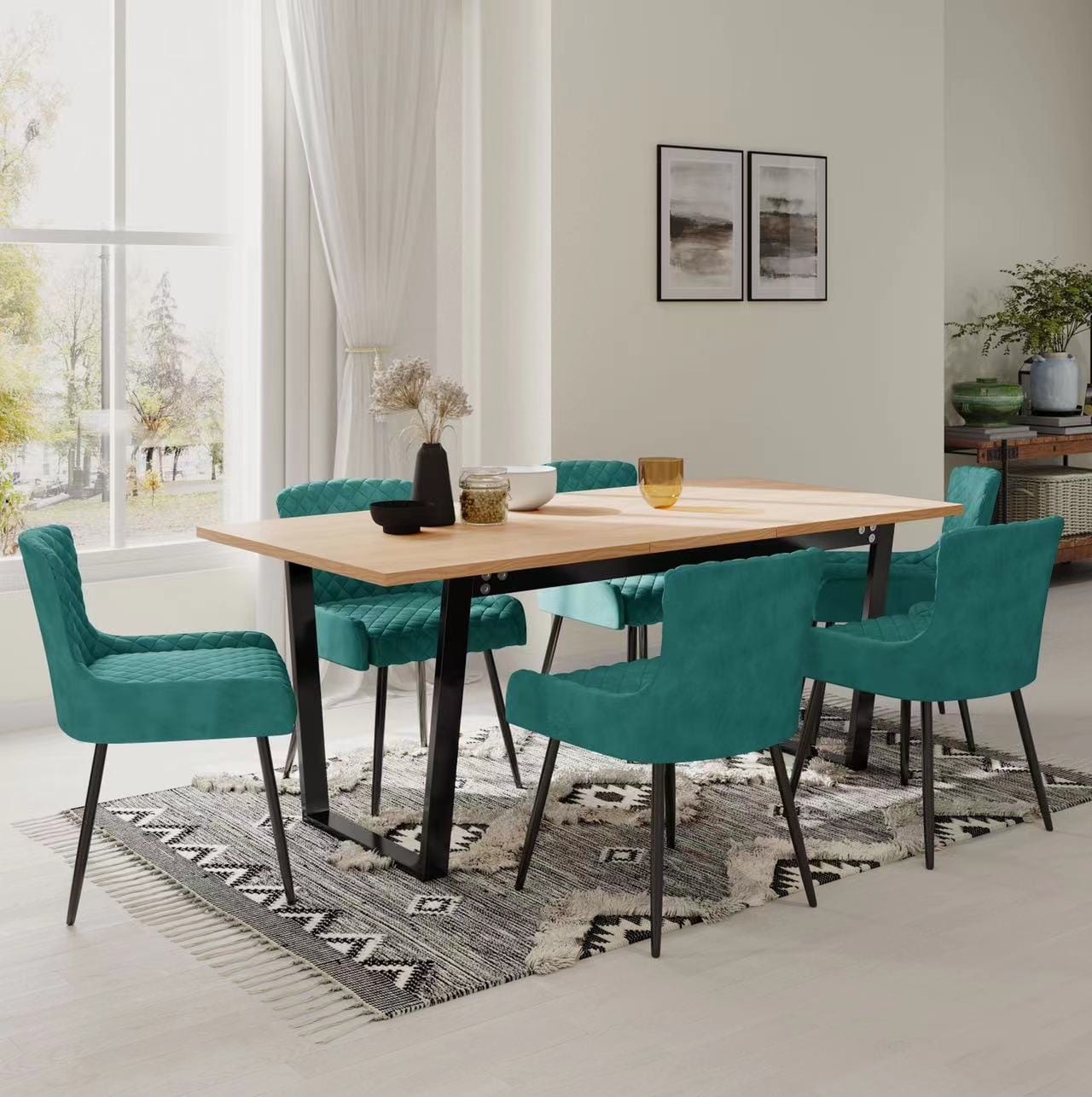 Belluno Light Oak Colour Extending Dining Table Set with 6 Velvet Chairs