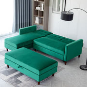 Destin Reversible Green Velvet Corner Sofa With Storage Chaise and Ottoman Bench