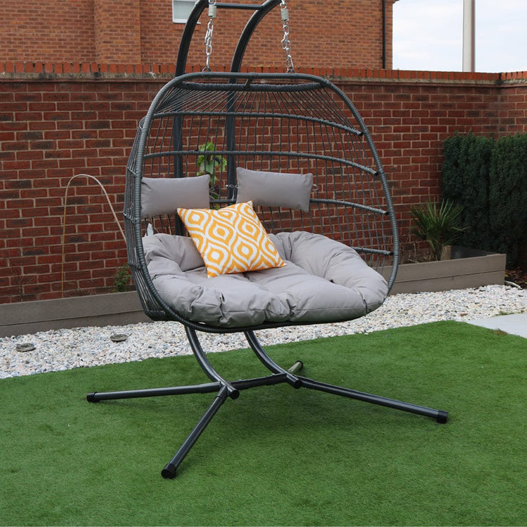 Bradway Hanging Rope Swing Double Indoor Outdoor Egg Chair with Grey Cushions