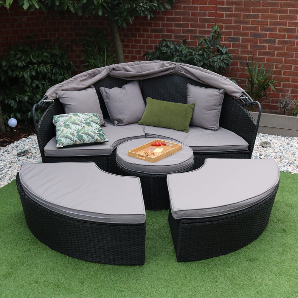 Camrose Rattan Garden Furniture Day Bed With Lift Up Table in Black