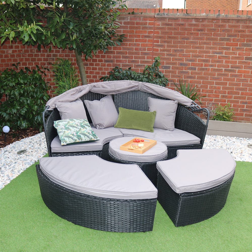 Camrose Rattan Garden Furniture Day Bed With Lift Up Table in Black