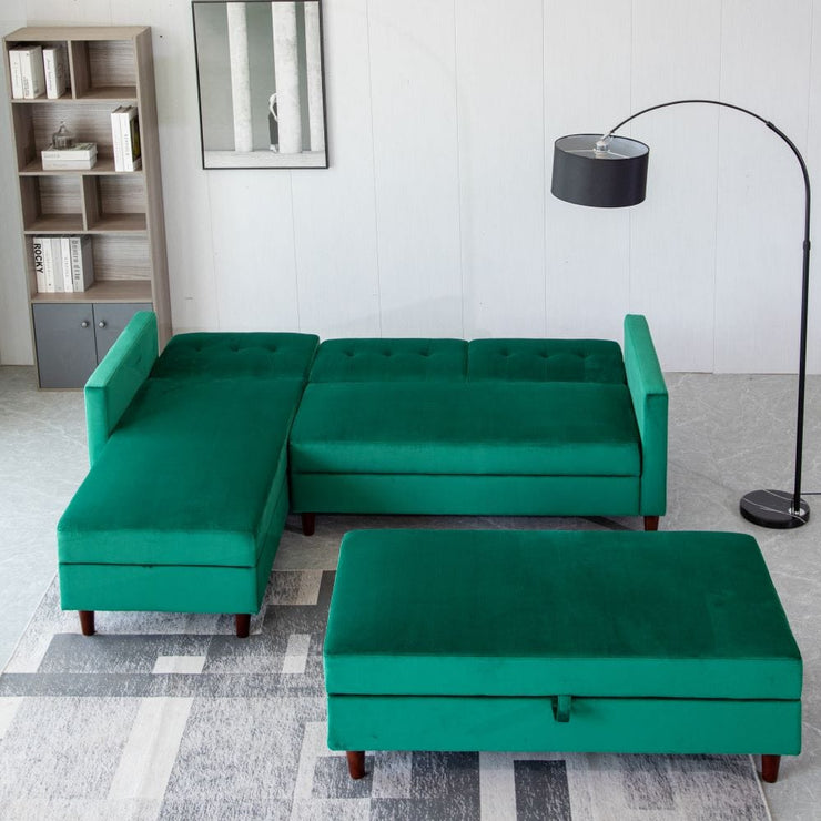 Destin Reversible Green Velvet Corner Sofa With Storage Chaise and Ottoman Bench