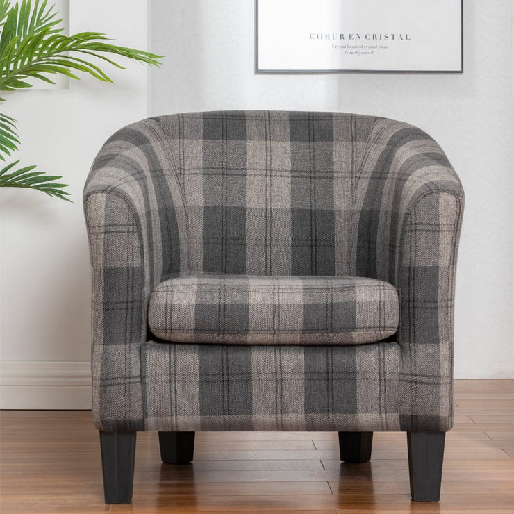 Ascot Tartan Linen Fabric Tub Chair Armchair In Grey
