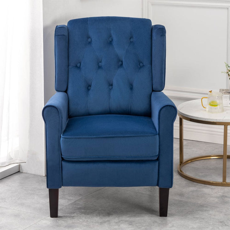 Ascot Studded Wingback Velvet Recliner Chair In Blue