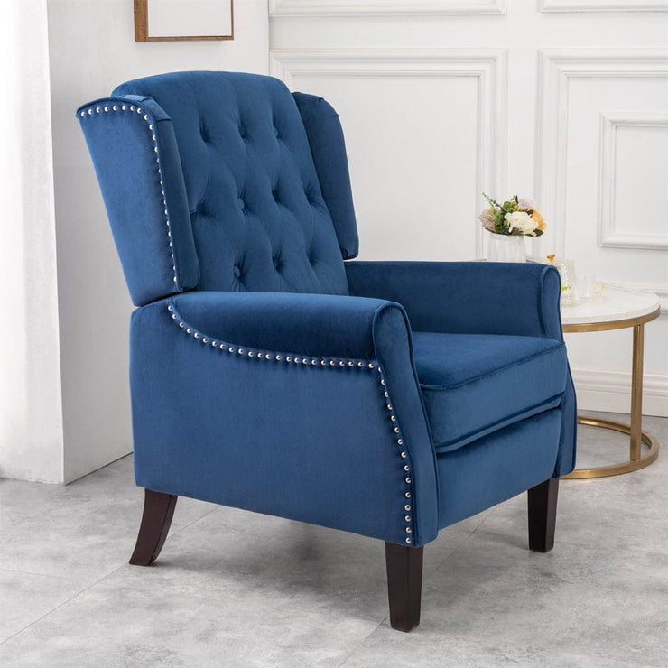 Ascot Studded Wingback Velvet Recliner Chair In Blue