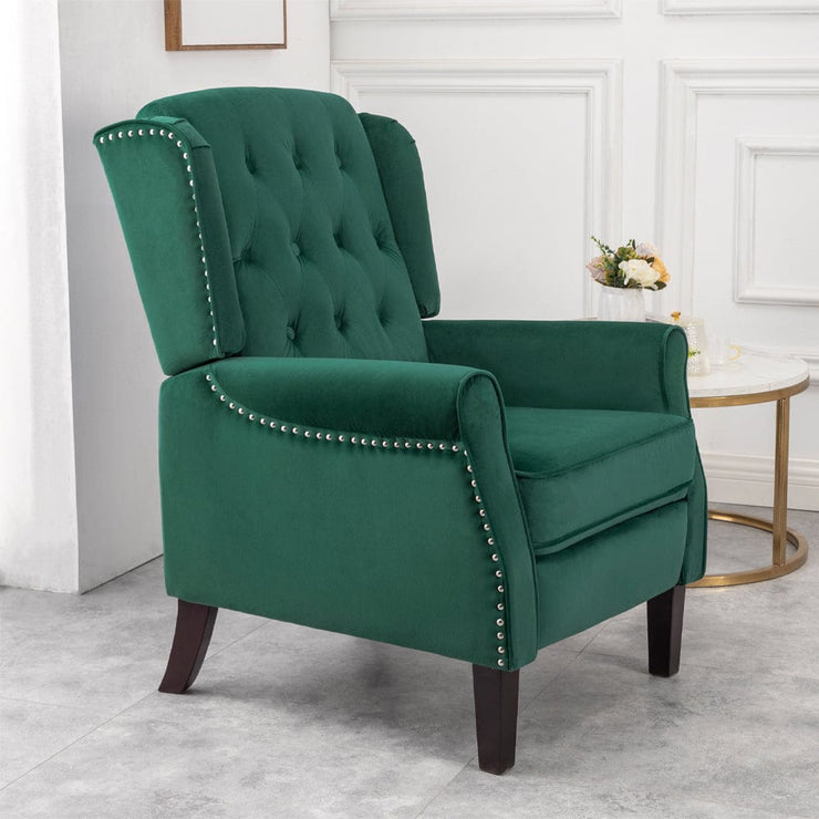 Ascot Studded Wingback Velvet Recliner Chair In Green