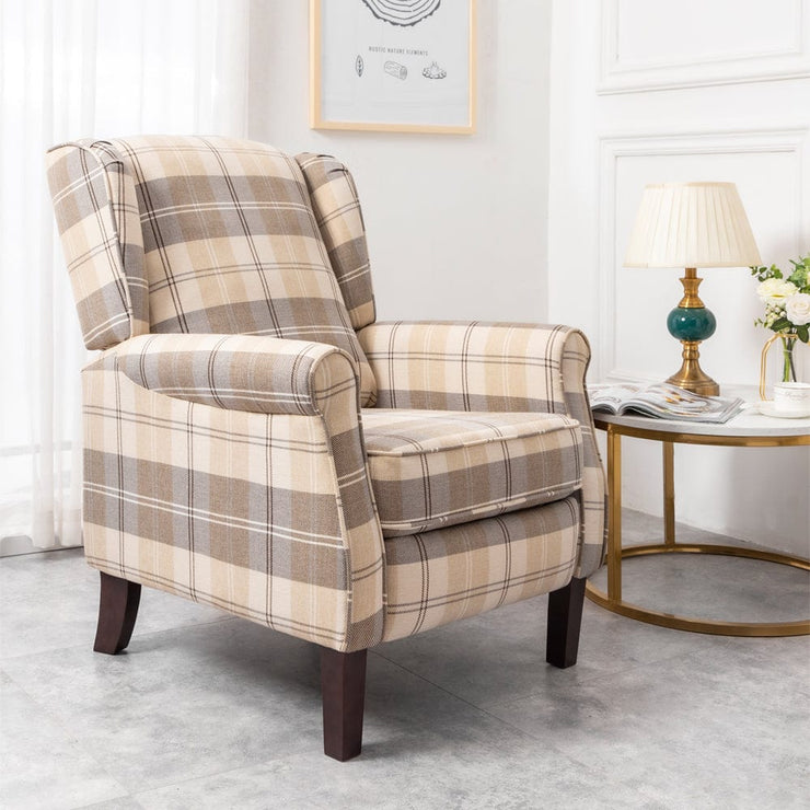 Ascot Wingback Fabric Recliner Chair In Brown Tartan - Furniture Maxi