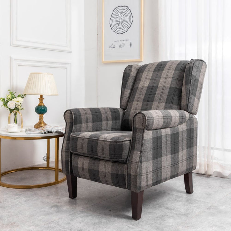 Ascot Wingback Fabric Recliner Chair In Grey Tartan - Furniture Maxi