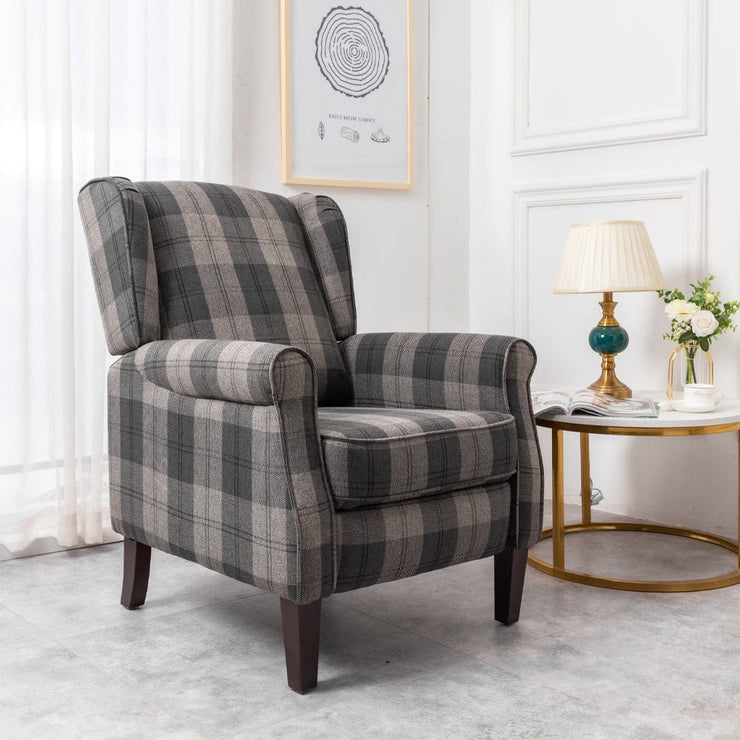 Ascot Wingback Fabric Recliner Chair In Grey Tartan - Furniture Maxi