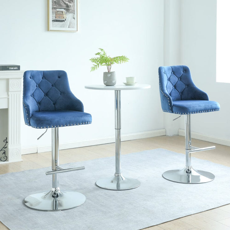 Set Of 2 Avers Velvet Height Adjustable Bar Stools in Blue