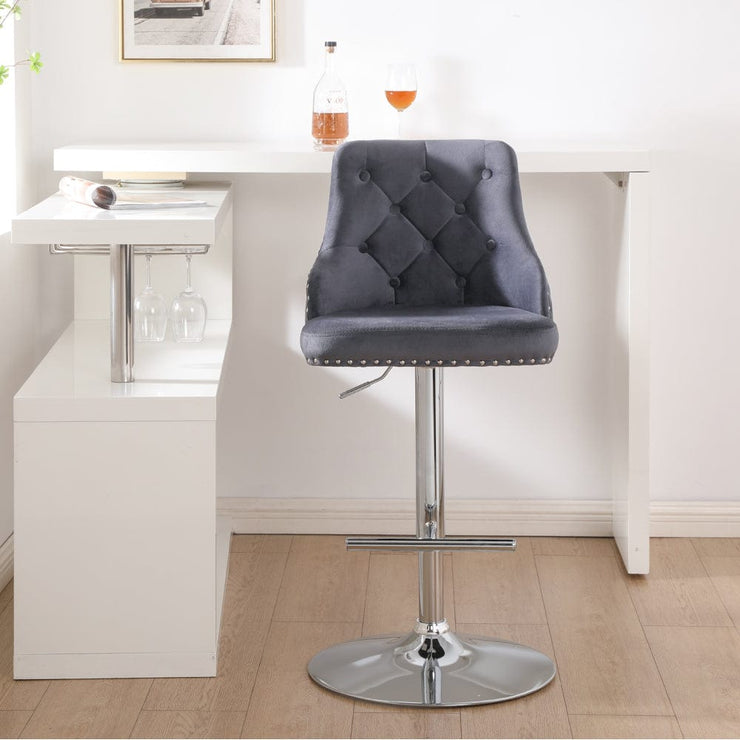 Set Of 2 Avers Velvet Height Adjustable Bar Stools in Grey