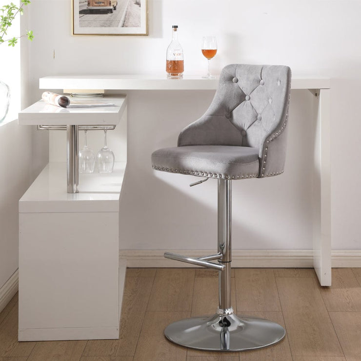 Set Of 2 Avers Velvet Height Adjustable Bar Stools in Light Grey