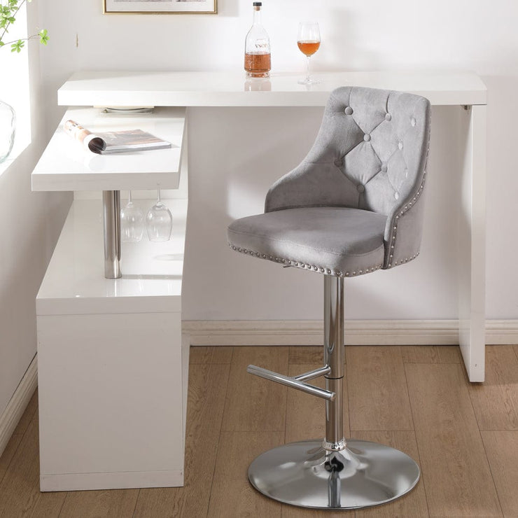 Set Of 2 Avers Velvet Height Adjustable Bar Stools in Light Grey