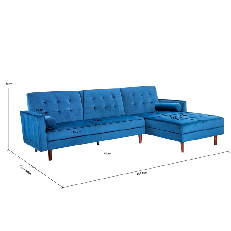 Avery Chaise End Velvet Corner Sofa In Blue