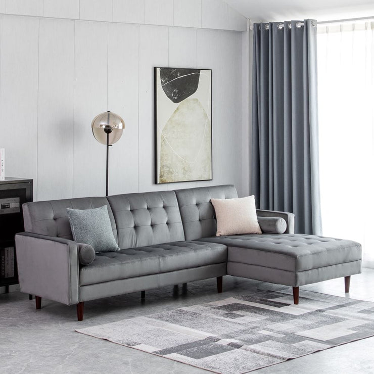 Avery Chaise End Velvet Corner Sofa In Grey