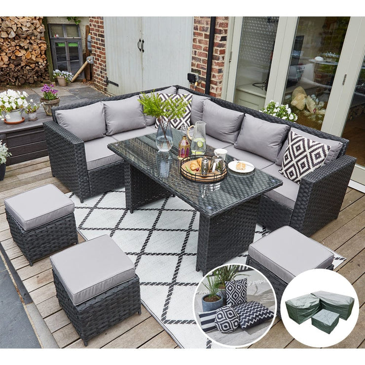 Barcelona 9 Seater Rattan Garden Furniture Dining Set In Black