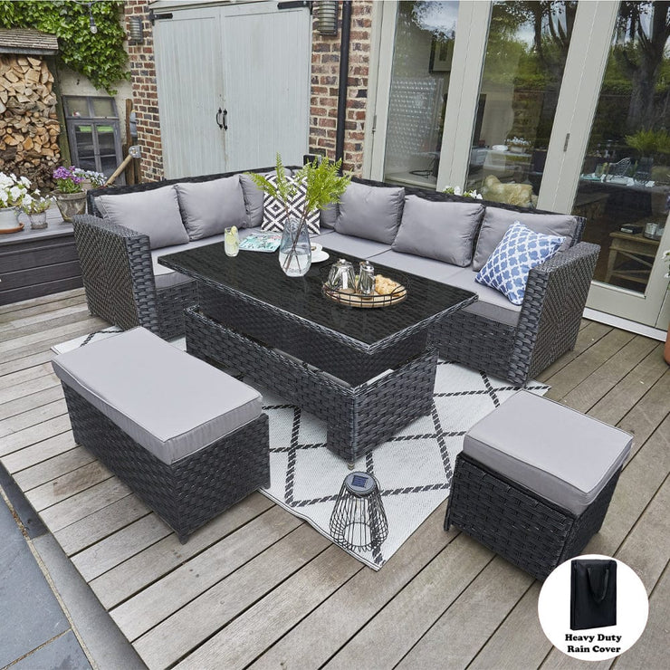 Barcelona 9 Seater Rattan Garden Dining Set with Rising Table In Black