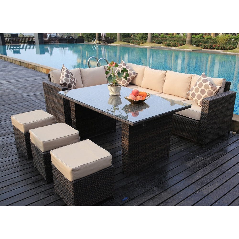 Barcelona 9 Seater Rattan Garden Furniture Dining Set In Brown No Scatter Cushions With Rain Cover