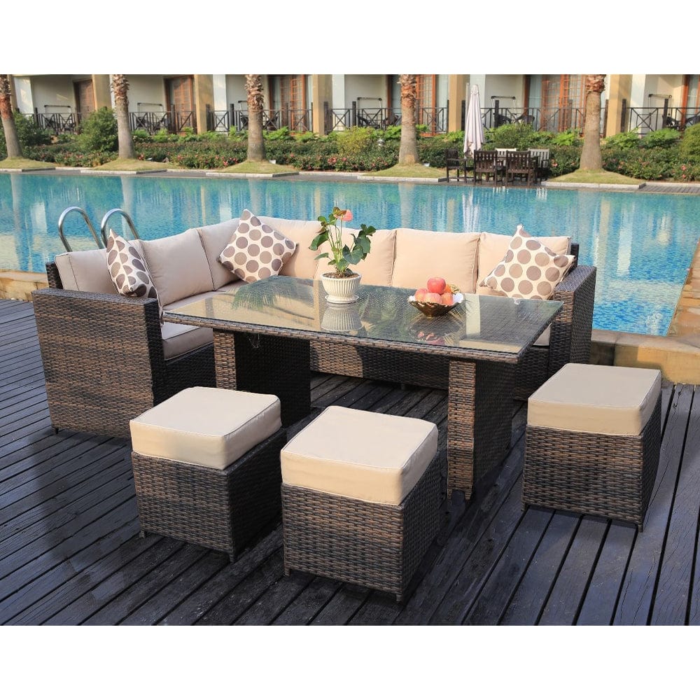 Barcelona 9 Seater Rattan Garden Furniture Dining Set In Brown