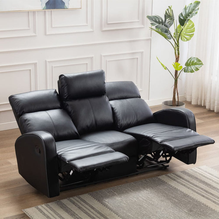 Boston Black Leather 3 Seater Recliner Sofa - Furniture Maxi