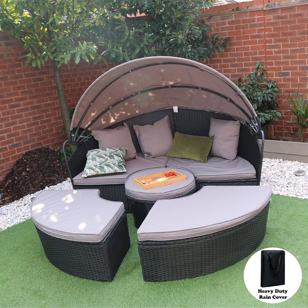 Camrose Rattan Garden Furniture Day Bed With Lift Up Table in Black