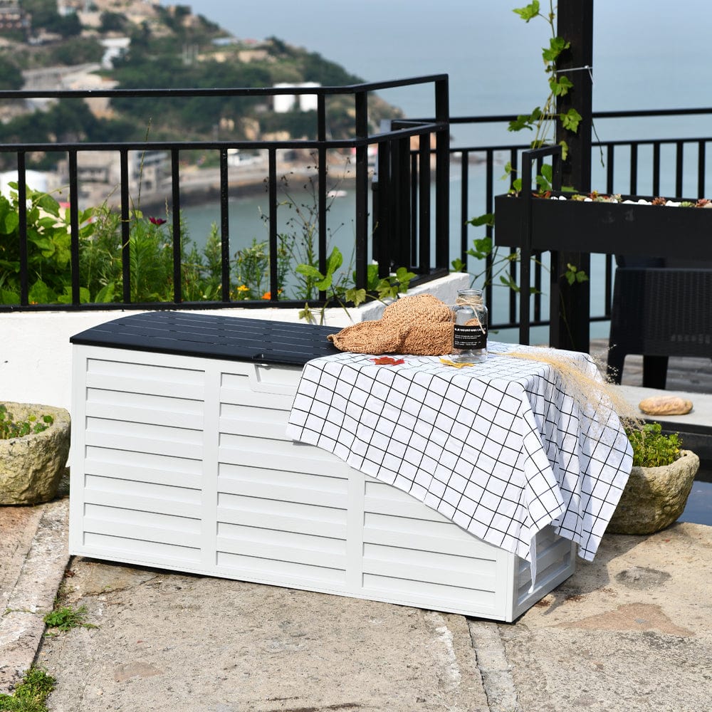 Outdoor storage shop bin bench
